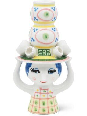 Hand-Painted Pink Ceramic Candleholder | 6.3 in | Unique Lady with Hat Design